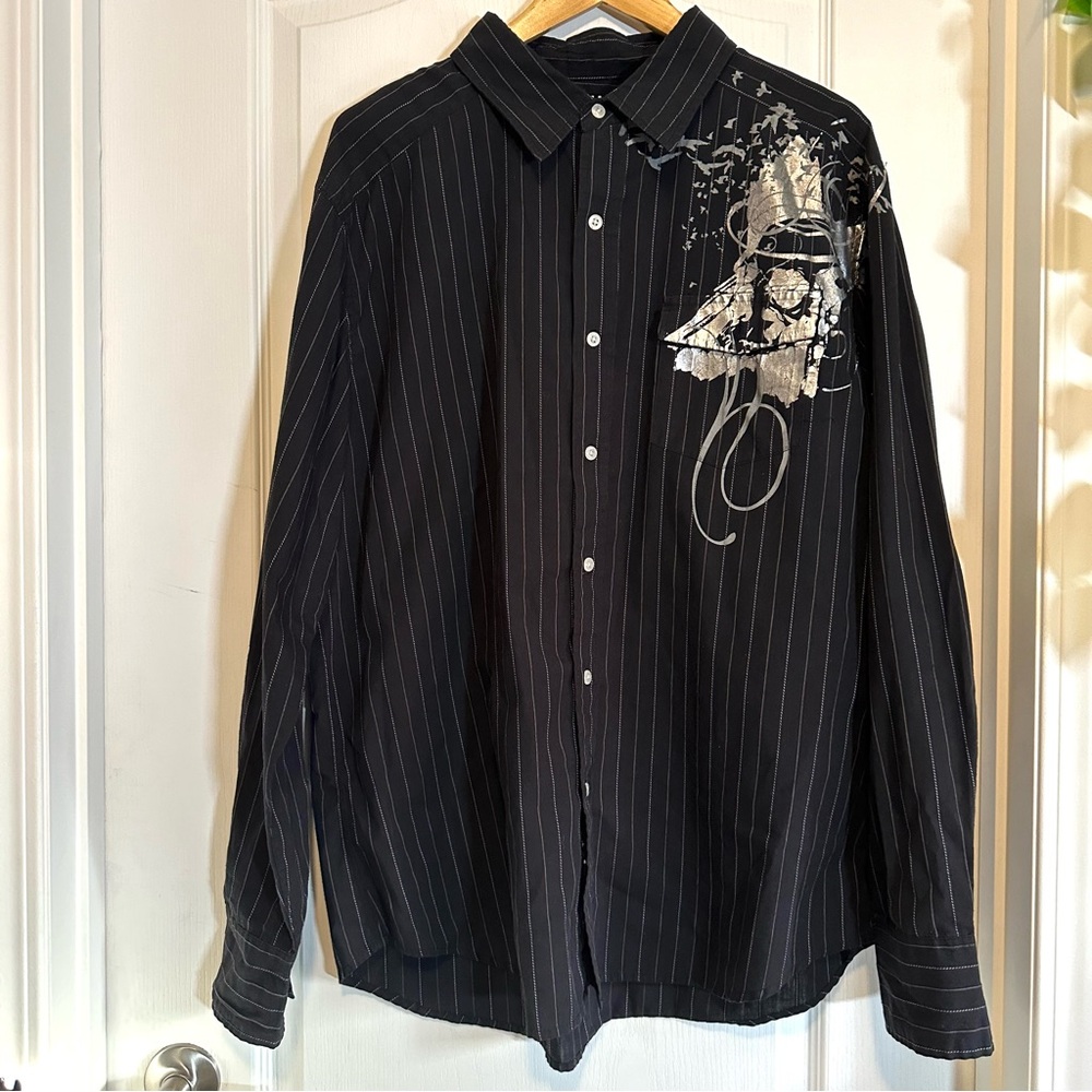 Black Pinstripe Men’s Button-Up Shirt with Graphic Detail